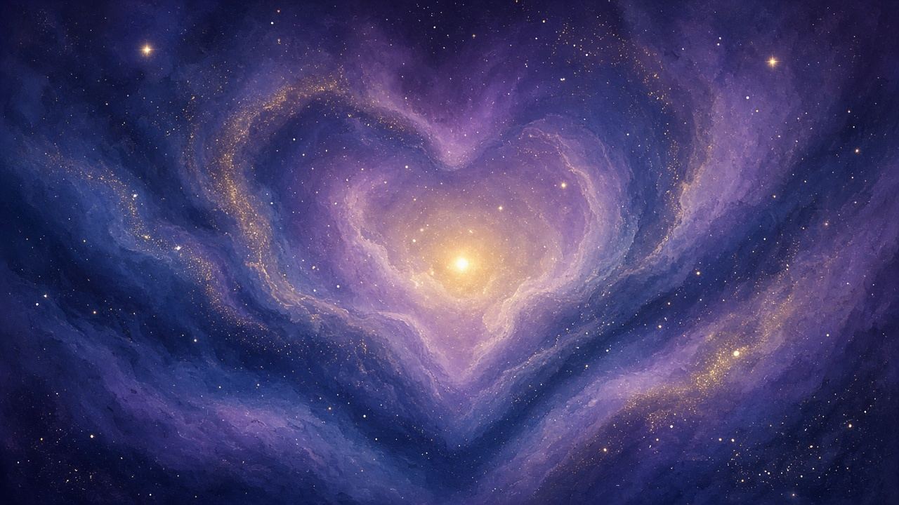 A heart-shaped violet nebula with a single seed of golden light at its center